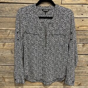 EXPRESS Women's Black White‎ Zipper V-Neck Career Top Roll Up Sleeve Size XS